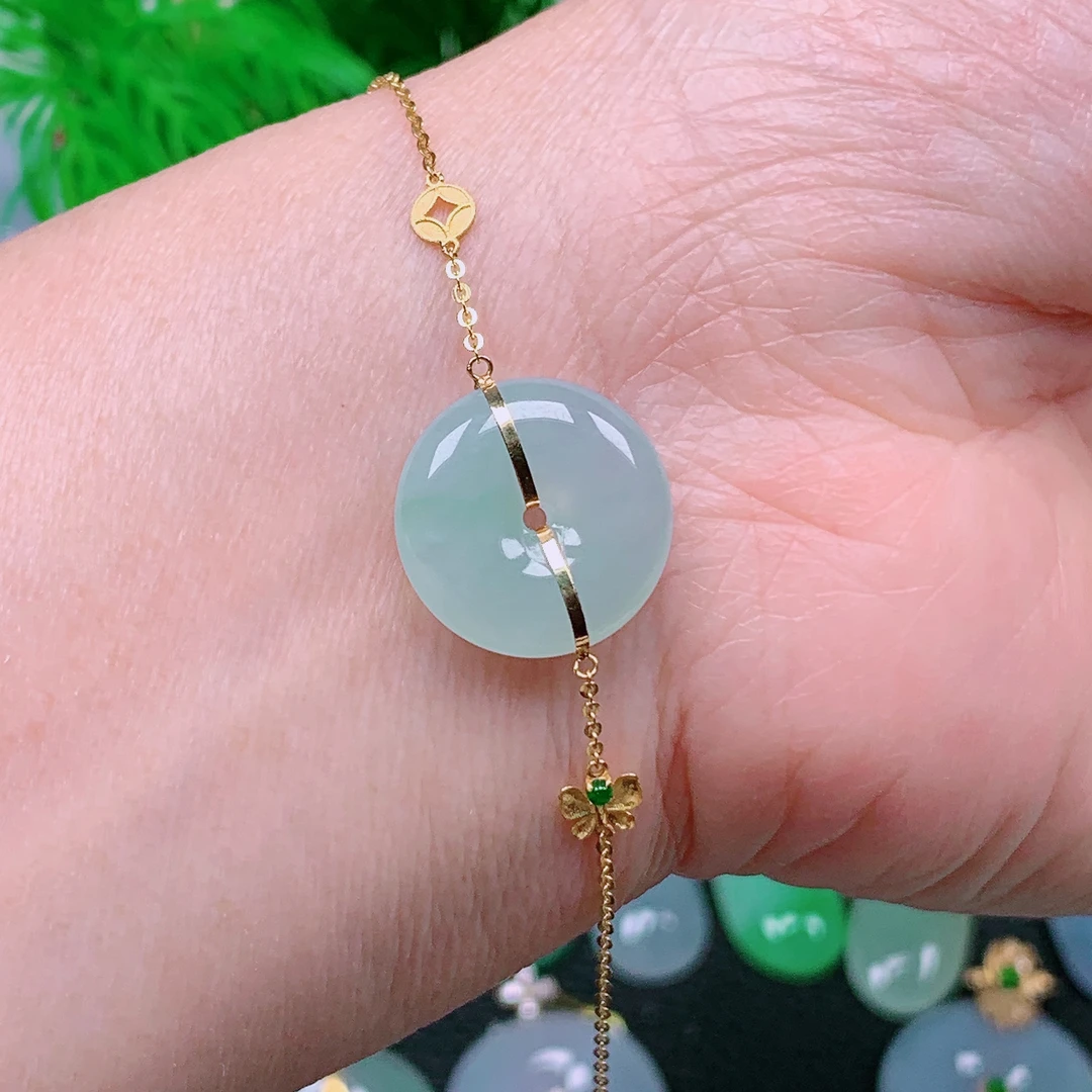 缅甸天然翡翠A货 冰润飘花平安扣手链470/1223（尺寸15.7x4.6)