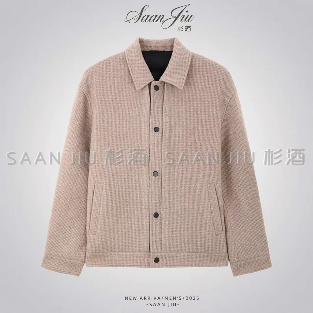 SJ杉酒【鹅绒服】男士短款绵羊毛呢夹克格纹外套时尚保暖翻领轻奢