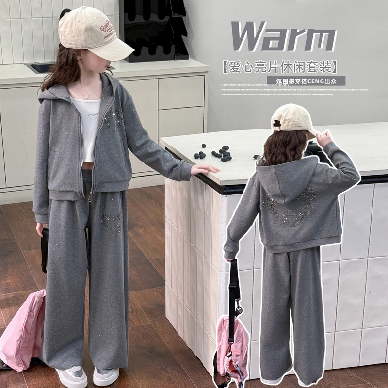 女童烫钻撒银套装2025新款6-12岁潮中大童洋气休闲运动时髦两件套