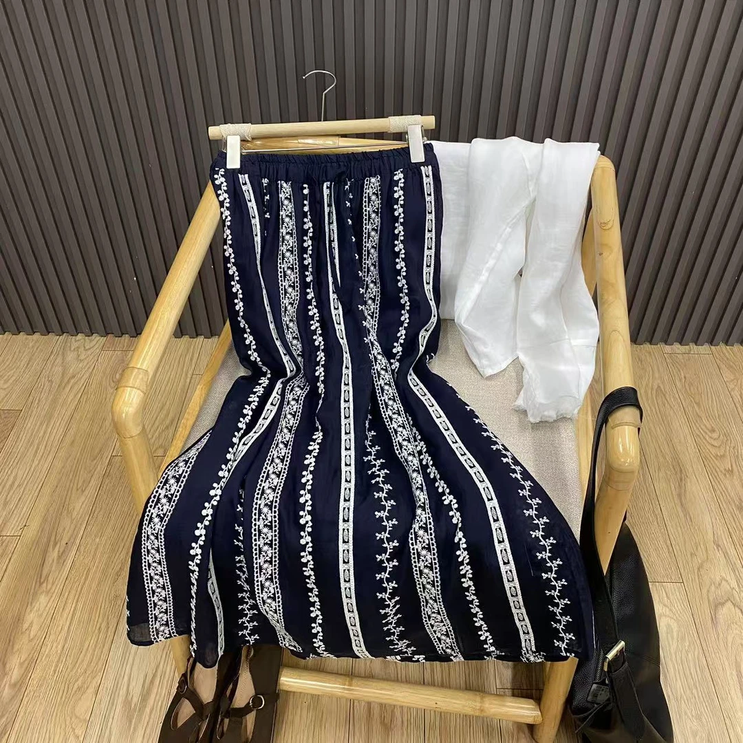 刺绣条纹苎麻半身裙复古文艺民族风内衬宽松中长A字裙女Q24002