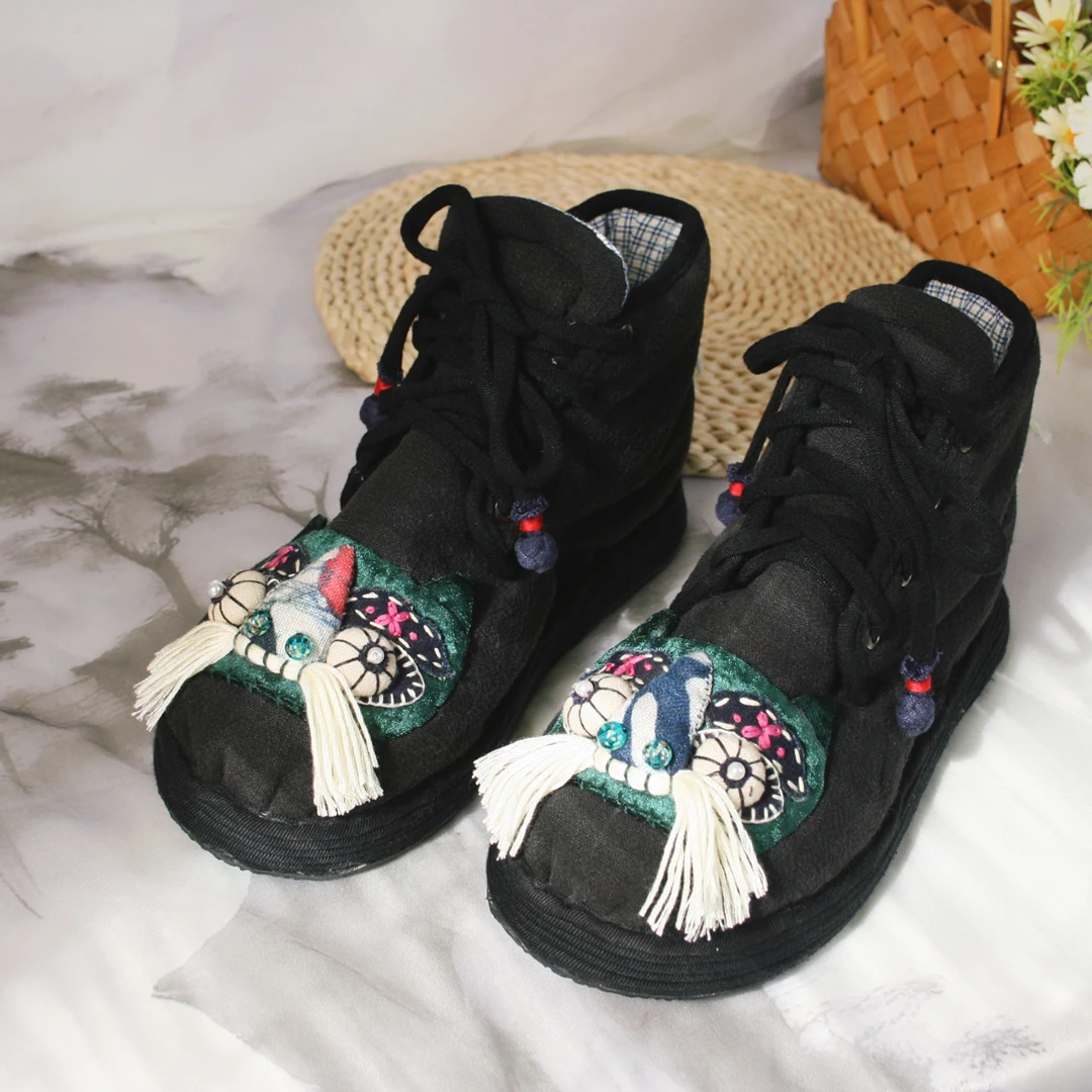 悦唐古韵 虎头鞋黑色中帮秋款手工千层底布鞋舒适休闲百搭国风