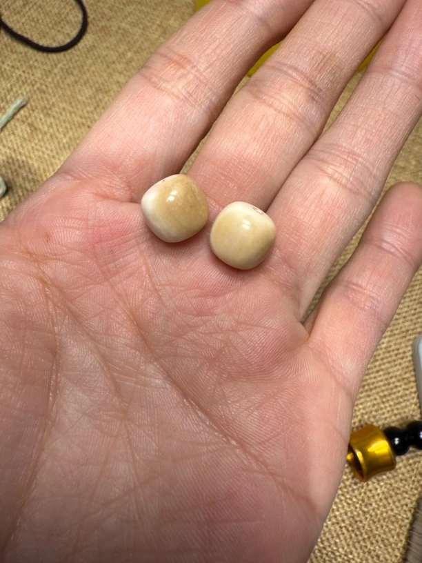 C0085天然猛犸牙对珠瑕疵配饰介意勿拍