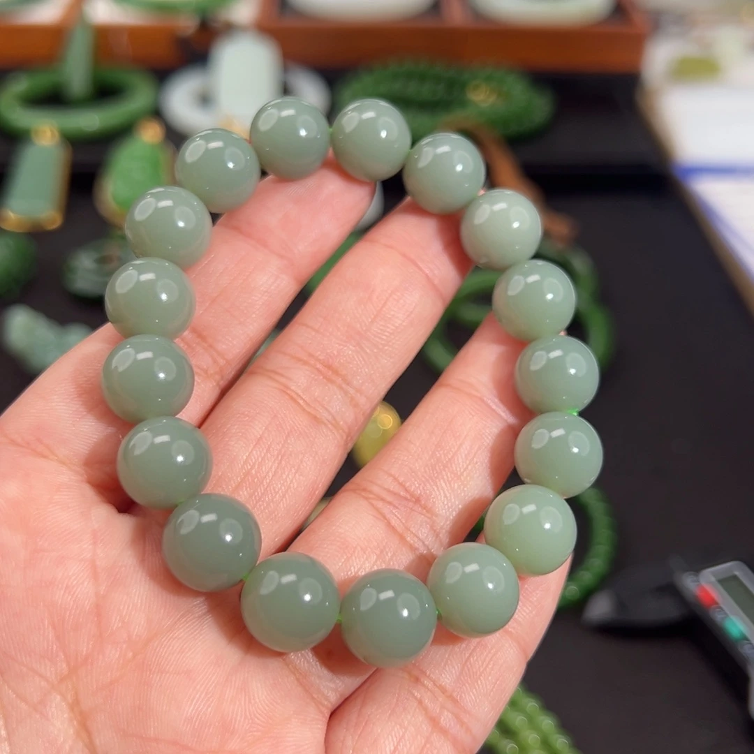 和田玉（碧玉）未镶嵌手串瓷蓝12mm手串