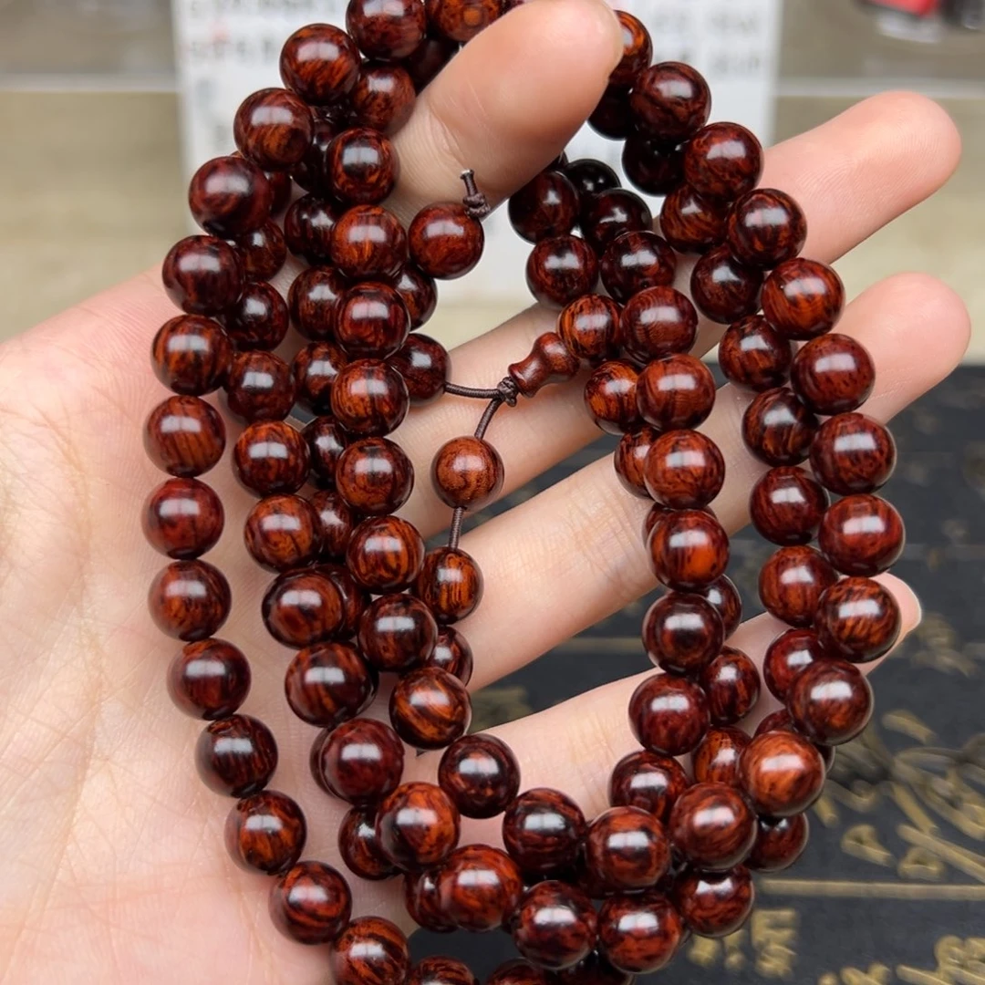 盼***来花梨木类手串/手链红降08/108圆珠黑金虎皮纹超一档