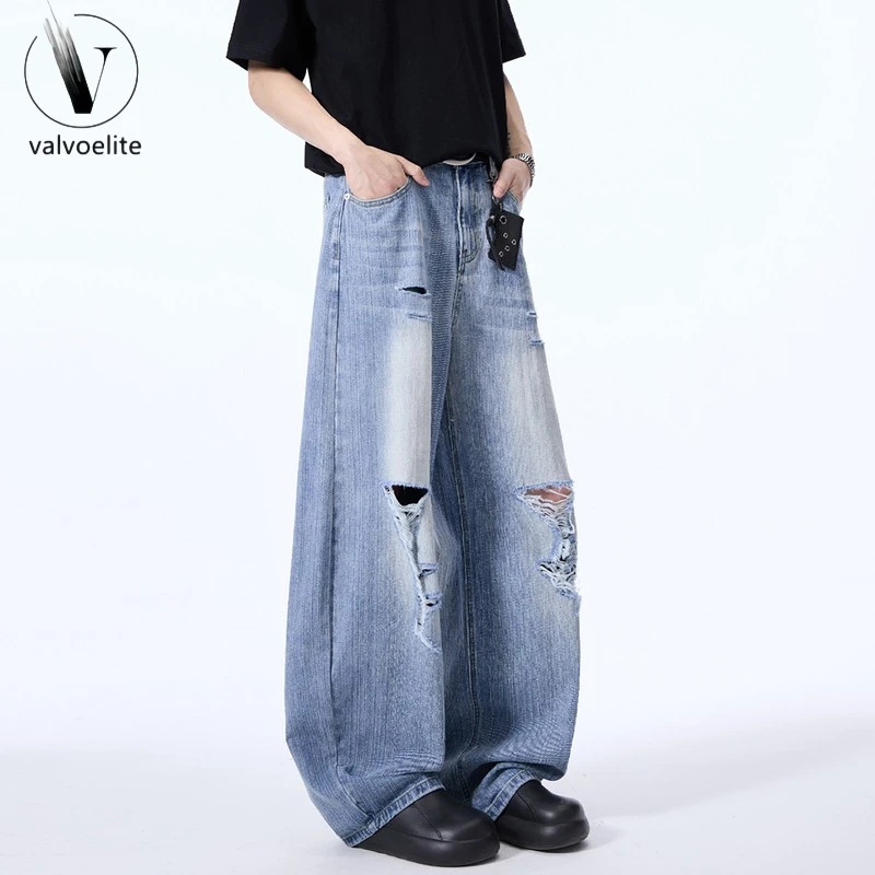 VALVOELITE破洞牛仔裤男夏季美式潮牌复古水洗蓝色裤子弯刀宽松休