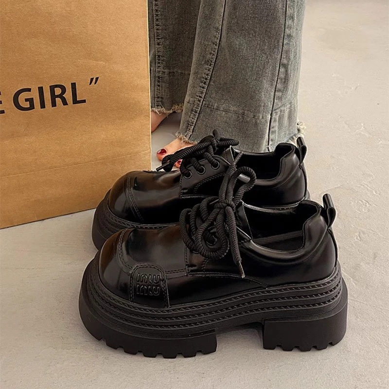 英伦风厚底增高大头小皮鞋女系带单鞋2025新款春秋季玛丽珍乐福鞋