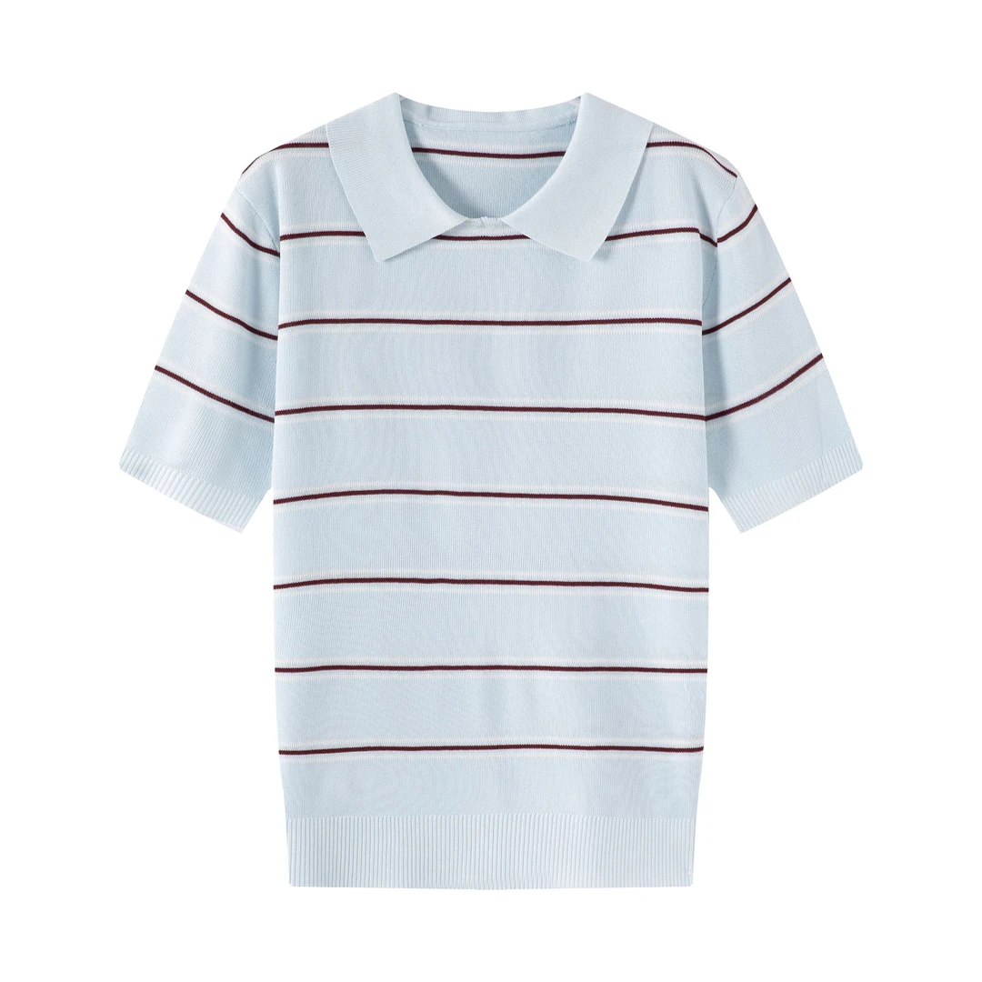 miu系撞色条纹polo领针织衫夏季轻薄透气减龄T恤