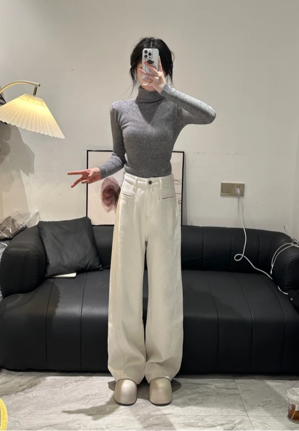 Simm思皿皿加绒加厚阔腿牛仔裤宽松直筒保暖高腰显瘦拖地长裤