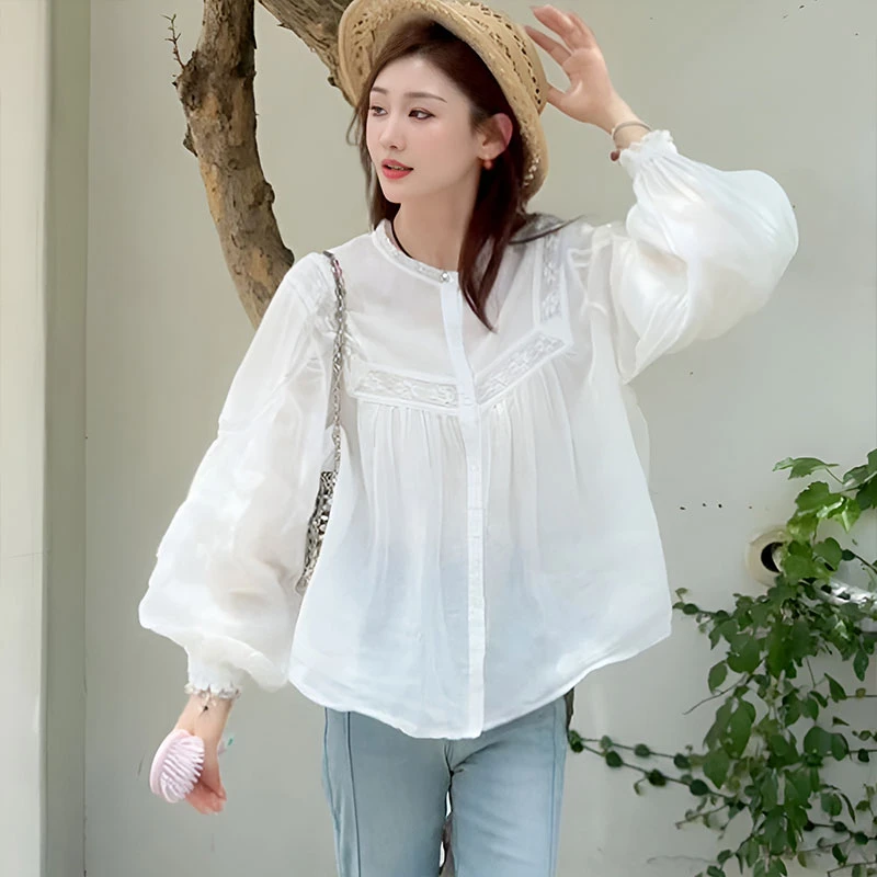 法式高级感镂空拼接长袖衬衫女2025新款秋季宽松圆领防晒气质上衣