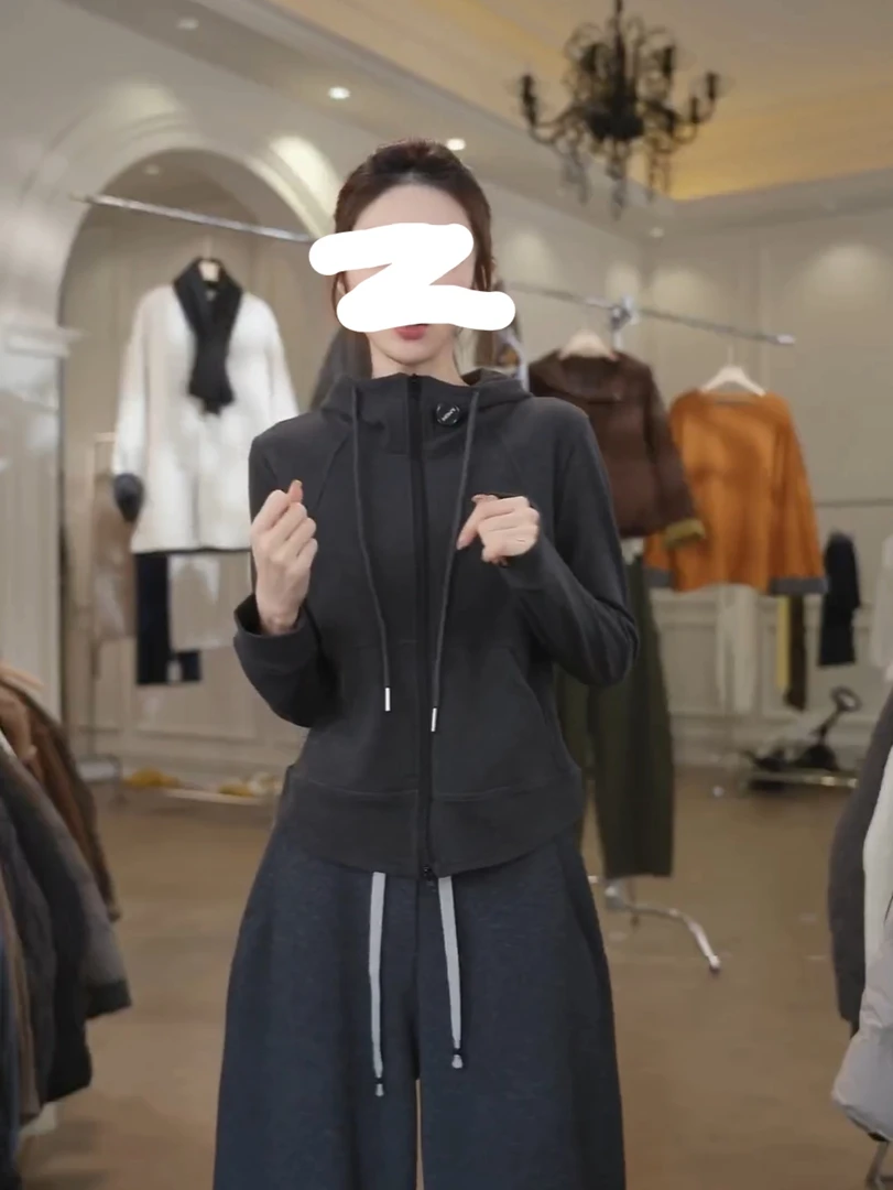 2025冬季新款连帽双头拉链抽绳鱼骨长袖百搭显瘦双面德绒卫衣