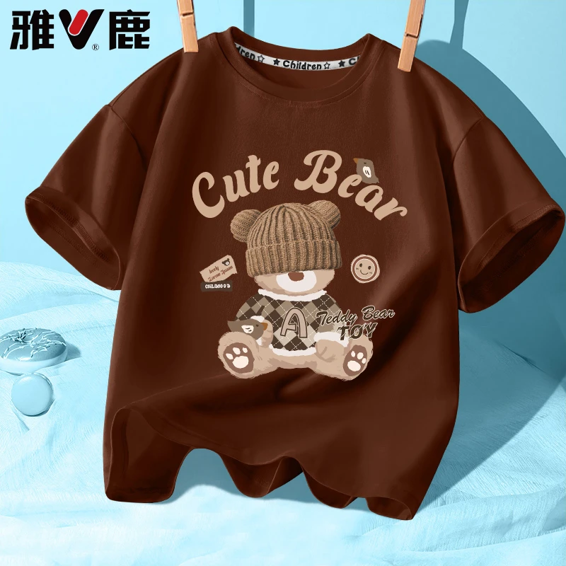 雅鹿男童T恤短袖女童纯棉半袖儿童休闲圆领印花上衣夏季宽松百搭