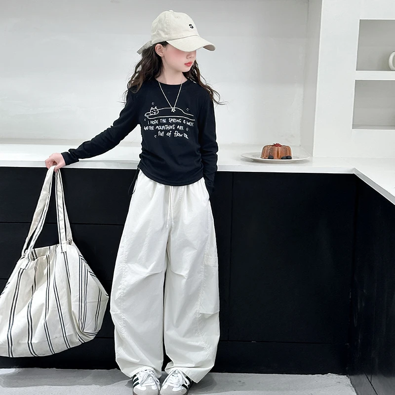 女童工装套装春装2025新款儿童韩系潮酷休闲女大童长袖t恤两件套