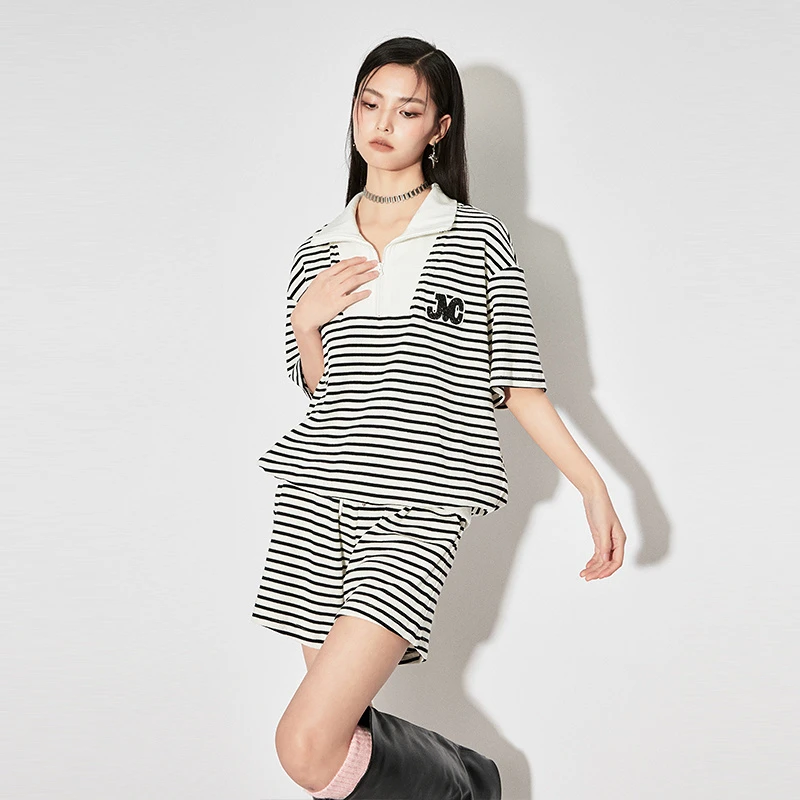 【贤哥粉丝专享】Jamor时尚polo领2025新款黑白条纹两件套JM1122