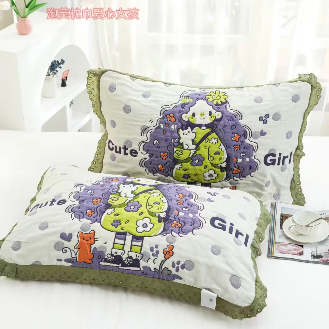 【爱心女孩】全棉加厚纱布52x78cm成人枕巾一对装