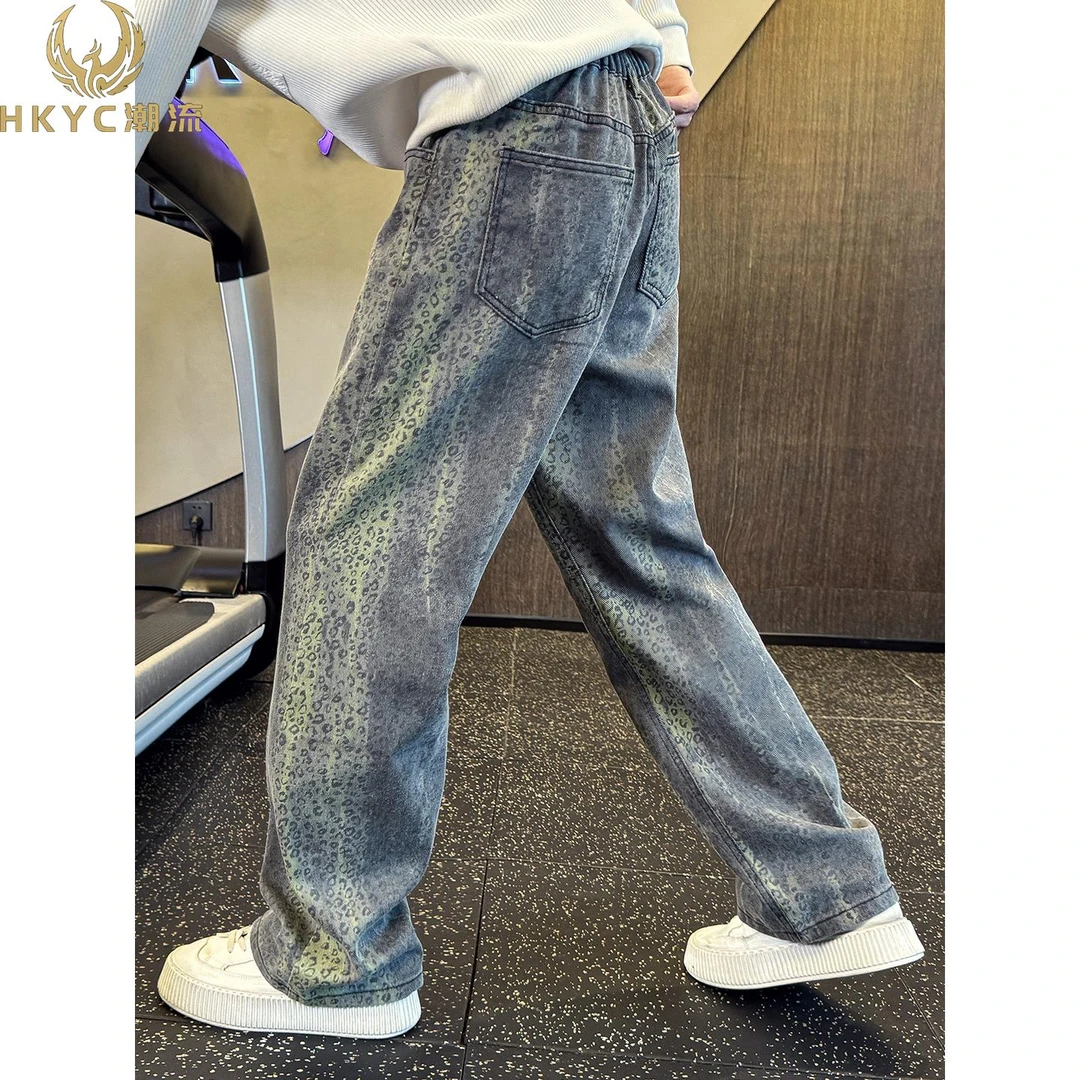 HKYC男款直筒宽松牛仔裤痞帅豹纹阔腿裤高街男裤秋冬男士休闲裤帅
