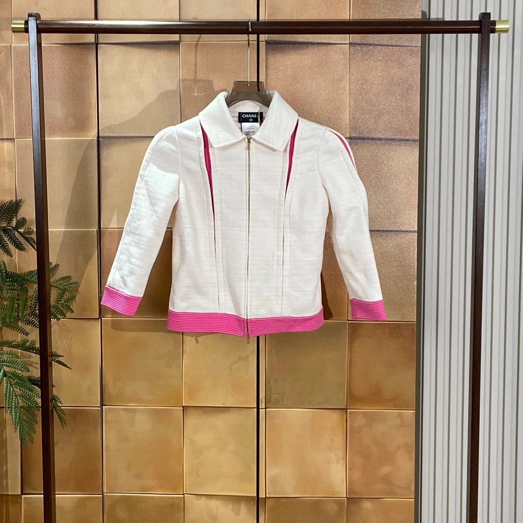 全新未使用 Chanel/香奈儿 粉白拼接拉链夹克外套/34码99新/28704