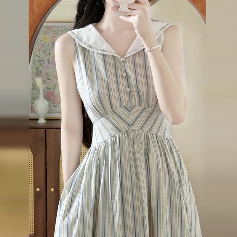 夏季2025新款独特漂亮长裙法式复古气质海军领条纹连衣裙女3233