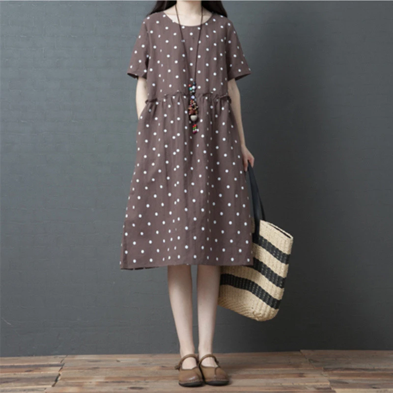 夏装女年新款文艺大码波点连衣裙棉麻宽松洋气遮肚短袖亚麻裙