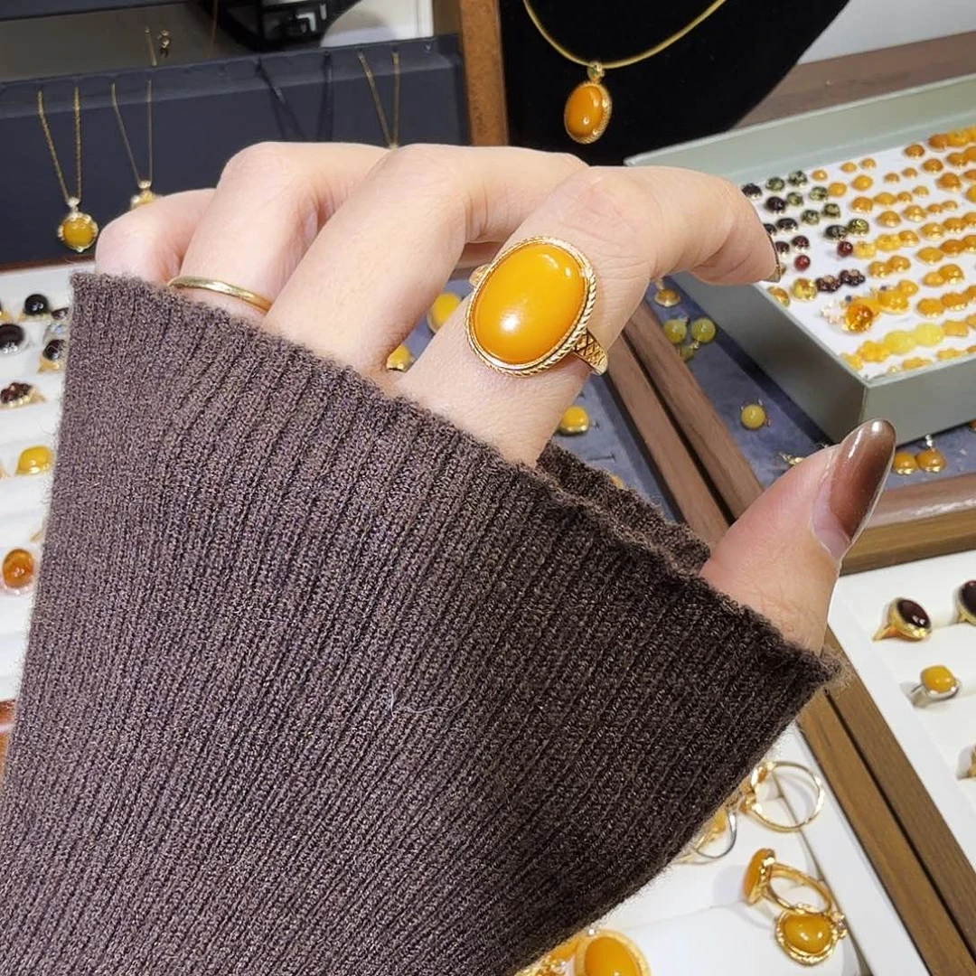 蜜蜡银S925镀金镶嵌戒指