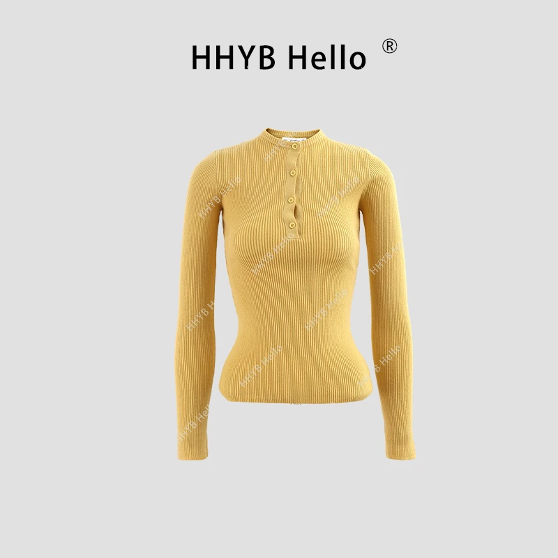 HHYB Hello气质修身高级感小圆领半门禁纽扣长袖套头针织衫M954