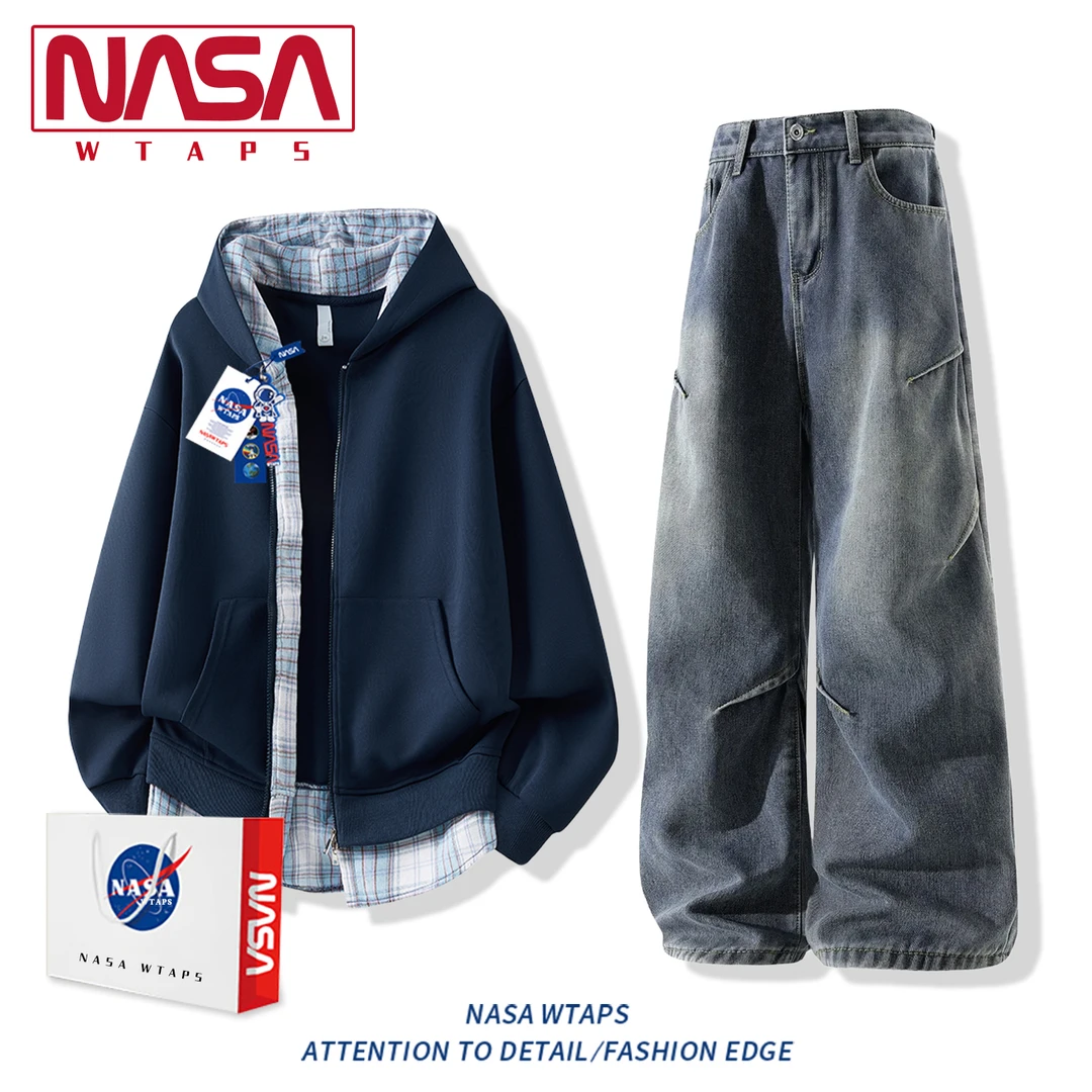 NASA WTAPS假两件运动服套装男秋冬季慵懒风开衫外套潮牌拼接卫衣