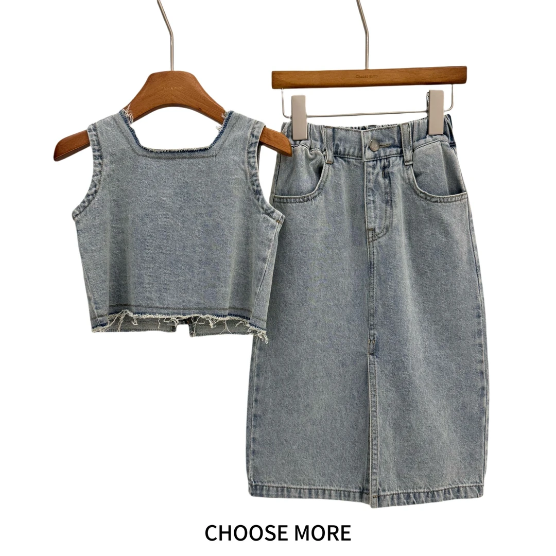 CHOOSE MORE 25夏季新款女童韩系休闲水洗毛边牛仔套装