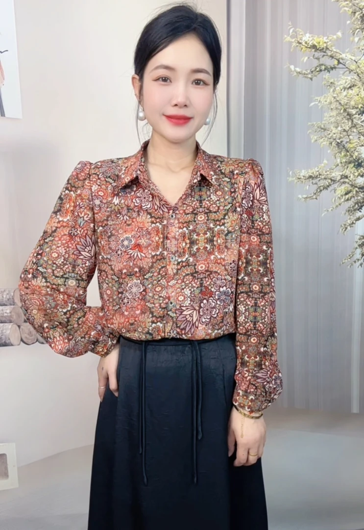 显瘦气质薄款宽松型夏季成人衬衫洋气花色印花碎花长袖百搭女装