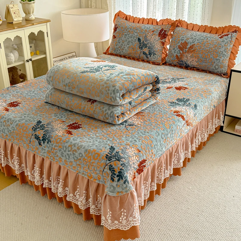 花边牛奶绒床盖单件冬季加厚加绒绗缝夹棉床单高档床垫炕盖三件套