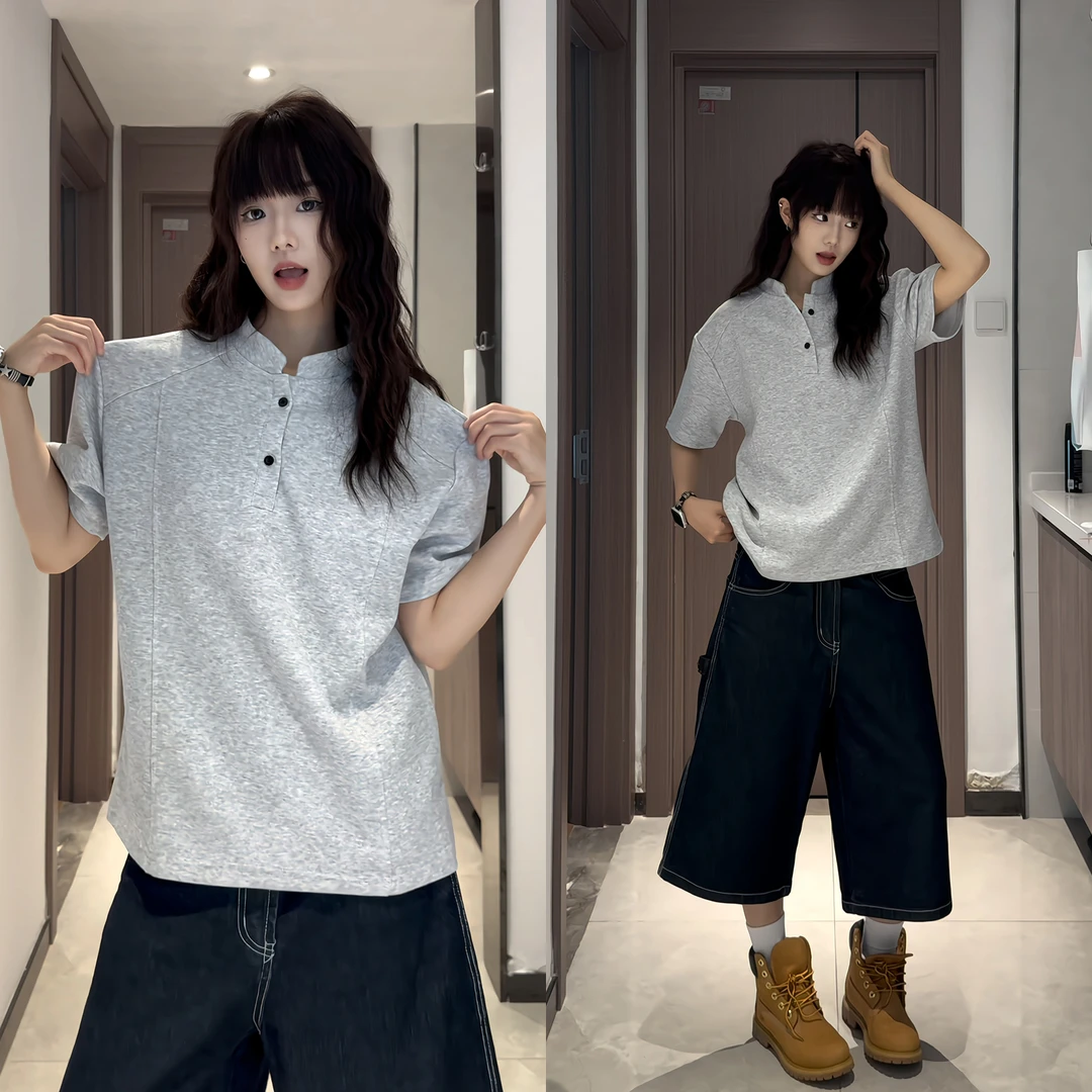 boxy亨利领短袖t恤男美式复古解构高级感夏季正肩显瘦半袖polo衫