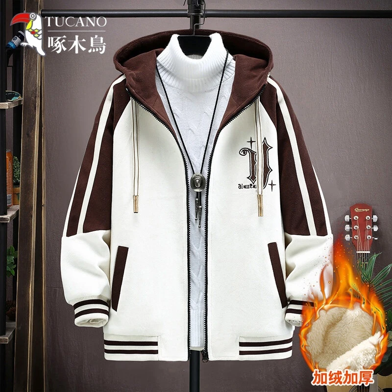 啄木鸟秋冬季学生青少年百搭夹克保暖加棉加厚连帽奥粒绒绒韩棉服