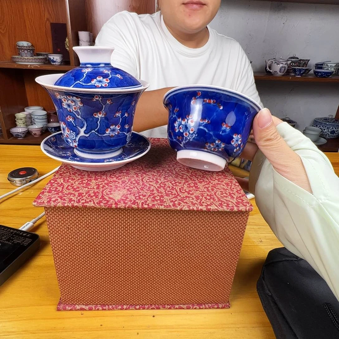 瓷片景德镇陶瓷红嘻嘻红梅马蹄盖碗加杯