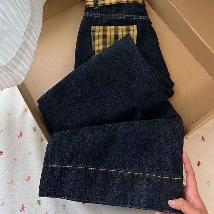 300斤大码女装黄色格子拼接牛仔裤胖mm高腰设计感显瘦阔腿直筒裤