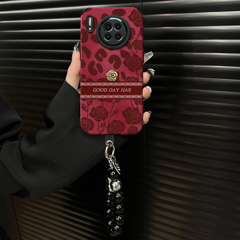 适用【华为mate30epro】豹纹玫瑰ins风秋冬酒红翻毛皮网红手机壳女