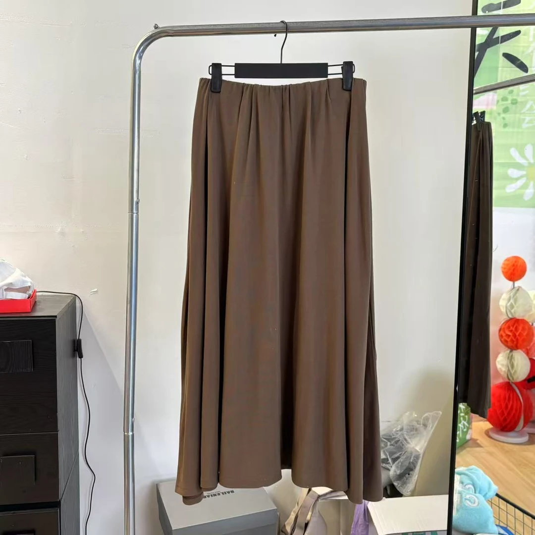 AMAZCOOL春季松紧腰A字大摆裙设计感百褶半身裙2392 橄榄绿