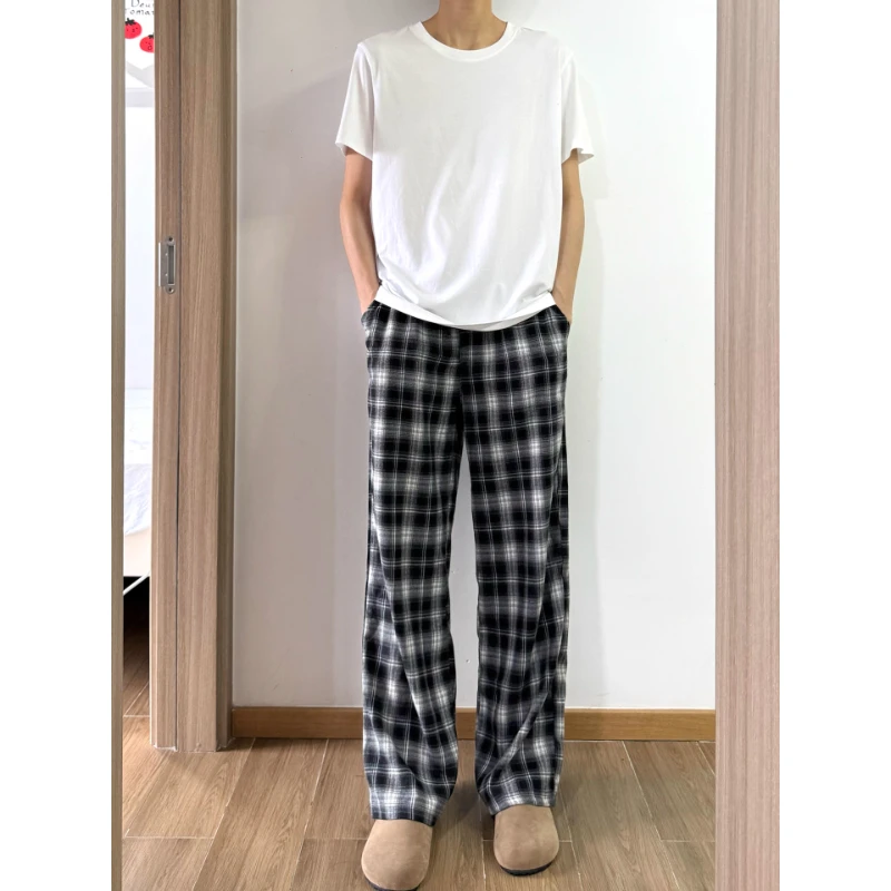 黑白格子休闲裤男款春秋季慵懒风格纹直筒裤子宽松百搭微喇运动裤