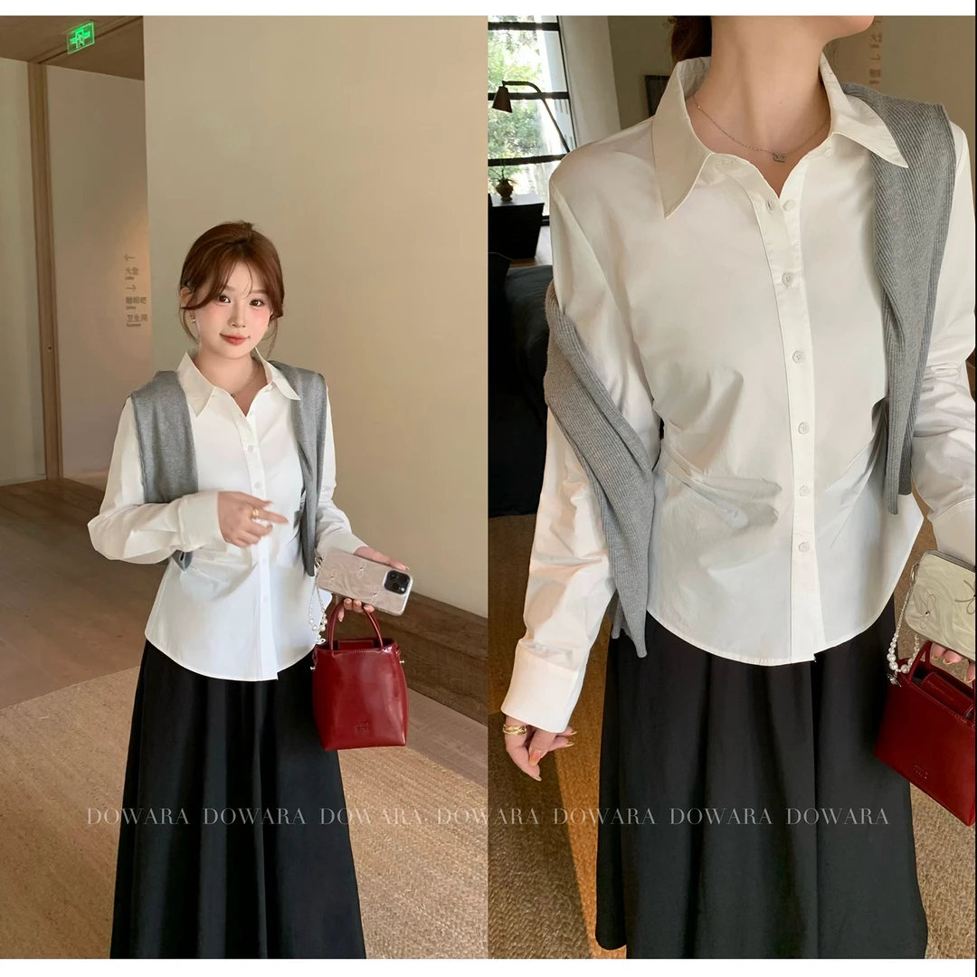现货7674D大婉酱微胖定制法式设计感气质衬衫女春季掐腰显瘦衬衣