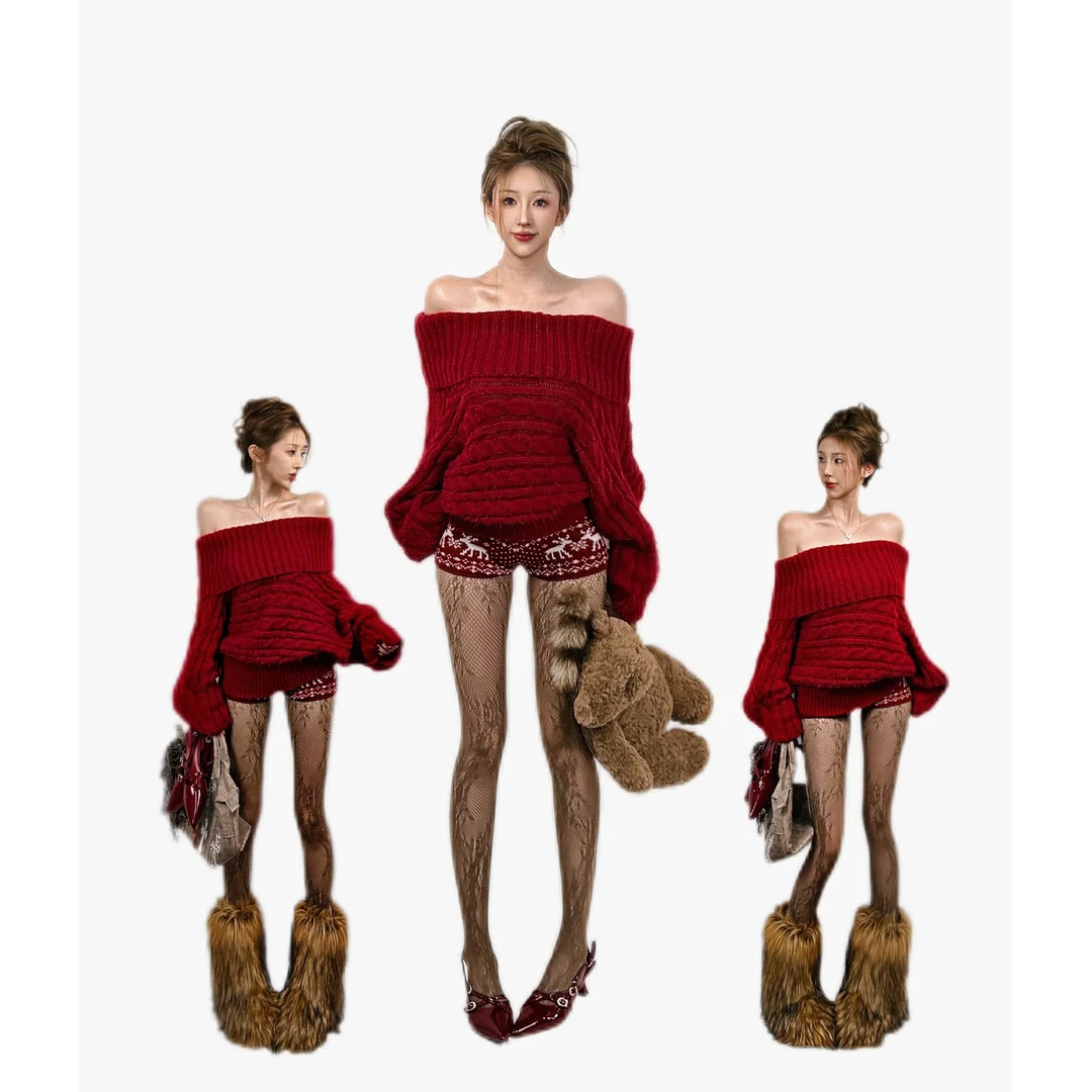 新年来信 新年红秋冬新款慵懒风一字肩费尔岛毛衣