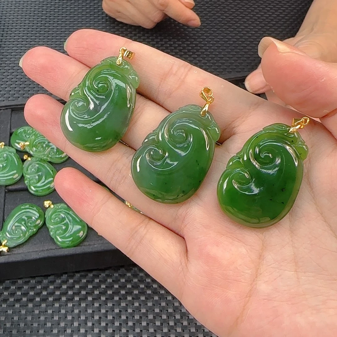 和田玉银S925镶嵌手链碧玉玉如意吊坠