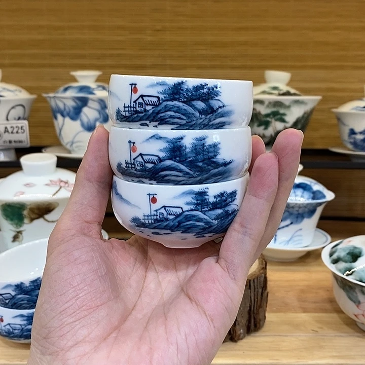 手绘山水主人杯65cc三个装瑕疵福利款
