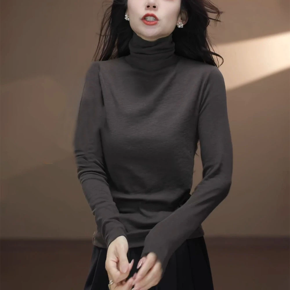 2025秋季新款女高领长袖T恤时尚高级感减龄修身显瘦内搭打底上衣