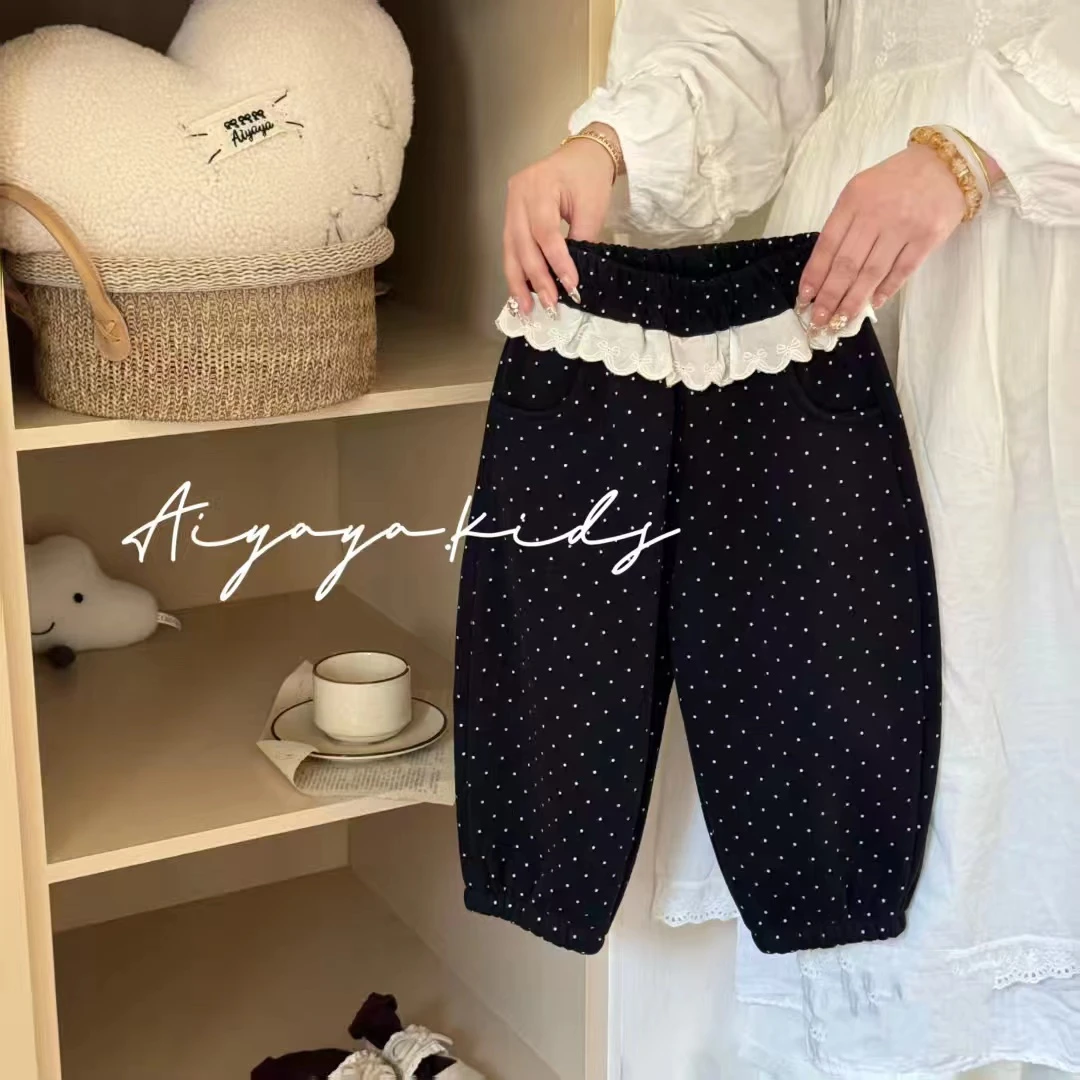 女童黑色波点一体绒冬款卫裤休闲裤（AYY-W805-冬A）汉服