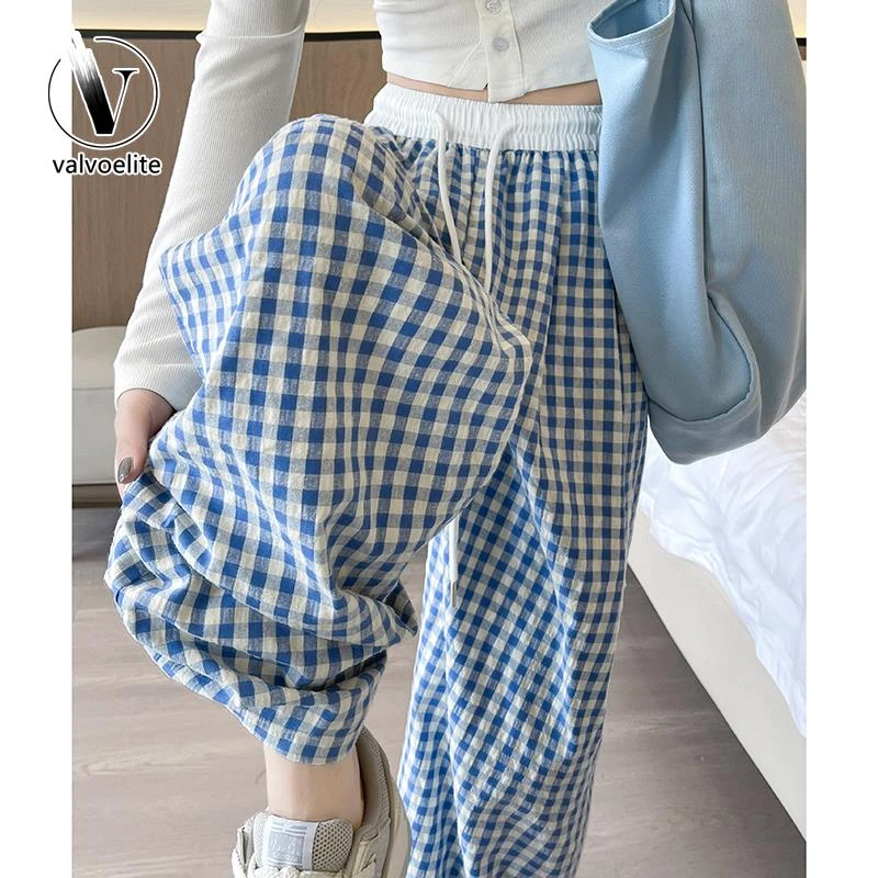 VALVOELITE格子裤子女夏薄新款松弛感慵懒直筒休闲显瘦高腰阔腿裤