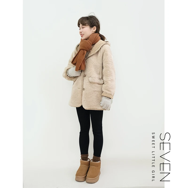 95⑧七七146小个子冬季保暖连帽毛毛外套女款时尚百搭上衣小美说