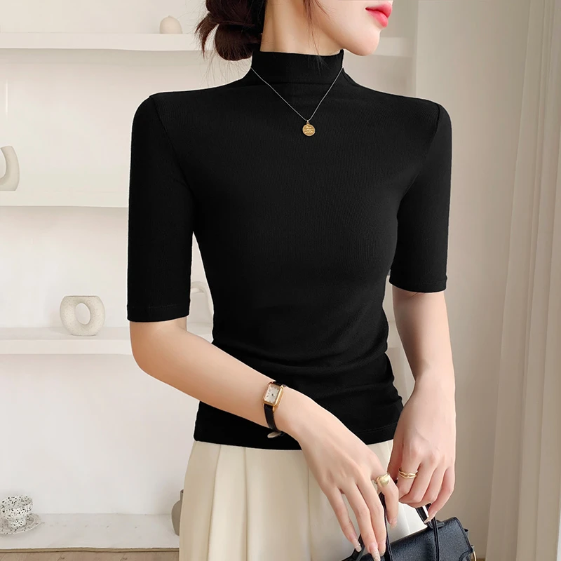 黑色半高领螺纹中袖五分袖t恤女显瘦修身百搭高档洋气打底上衣女