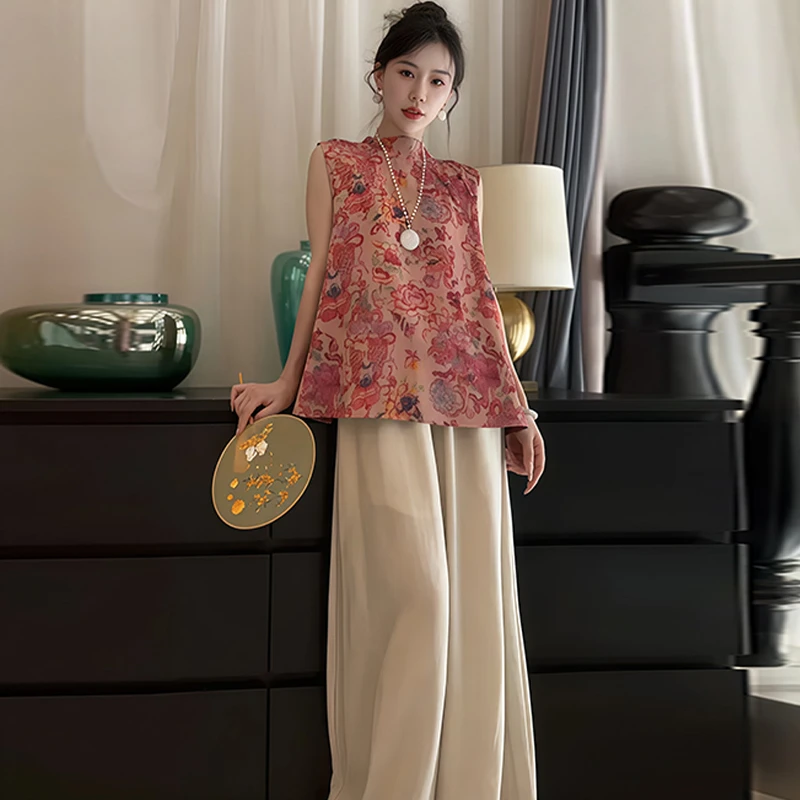 慵懒风新中式休闲套装女士2025夏季新款显瘦无袖上衣阔腿裤两件套