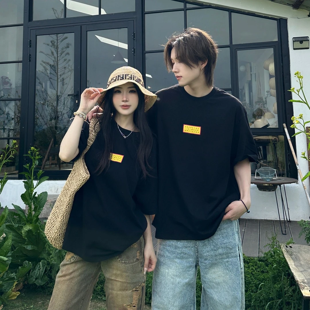 情侣装夏季字母贴布绣短袖T恤网红国潮潮流t恤ins时尚宽松圆领潮