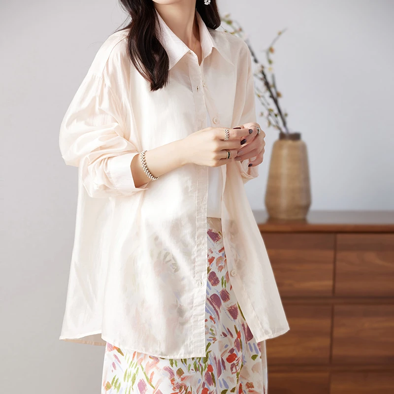 新款百搭上衣2025夏季长袖纯色宽松设计感翻领薄款莱赛尔防晒衬衫
