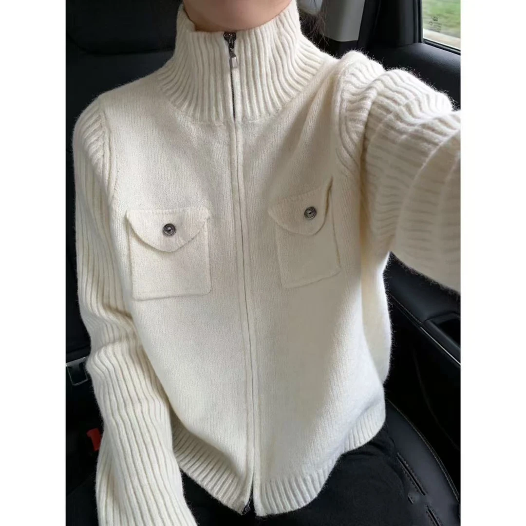 /2395/【小口袋】 女款针织开衫双头拉链接款高领时尚百搭