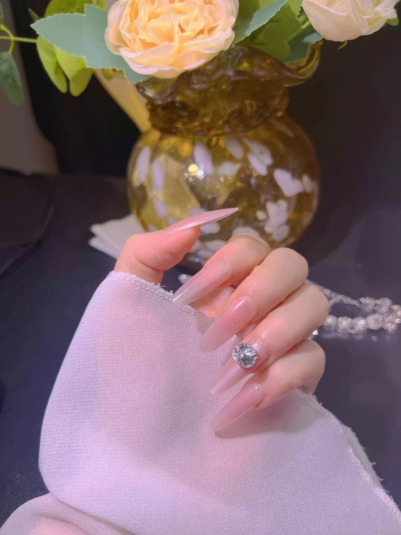 【追光】冰透裸色爆闪钻球纯手工中长款穿戴甲成品美甲贴片