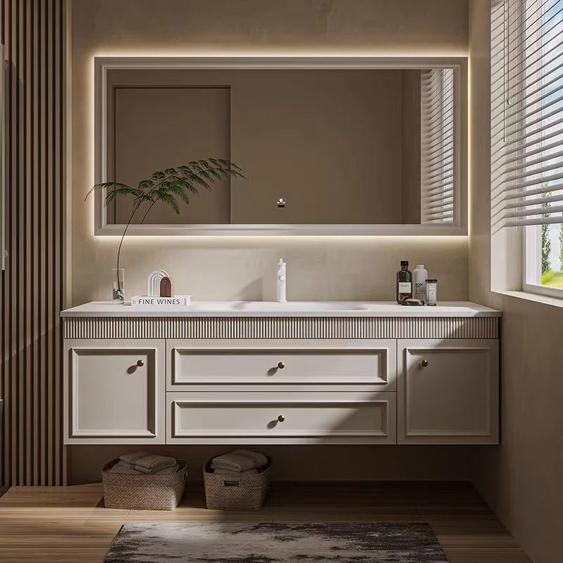 轻奢法式橡胶木浴室柜岩板热弯一体盆卫浴柜洗手台盆洗脸盆柜组合